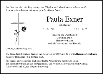 Traueranzeige von Paula Exner von Neue Presse Coburg