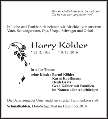 Traueranzeige von Harry Köhler von Südthüringer Presse
