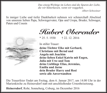 Traueranzeige von Hubert Oberender von Südthüringer Presse