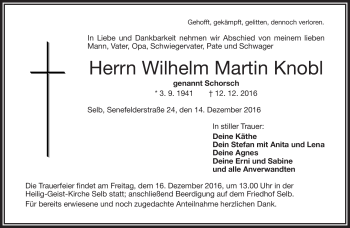 Traueranzeige von Wilhelm Martin Knobl von Frankenpost
