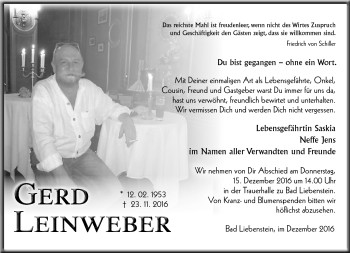 Traueranzeige von Gerd Leinweber von Südthüringer Presse
