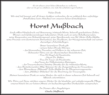 Traueranzeige von Horst Mußbach von Südthüringer Presse