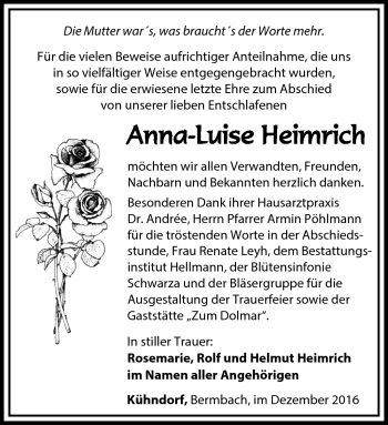 Traueranzeige von Anna-Luise Heimrich von Südthüringer Presse