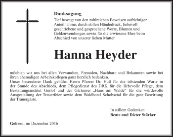 Traueranzeige von Hanna Heyder von Südthüringer Presse