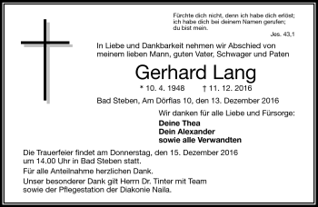 Traueranzeige von Gerhard Lang von Frankenpost