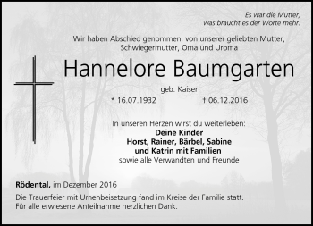 Traueranzeige von Hannelore Baumgarten von Neue Presse Coburg