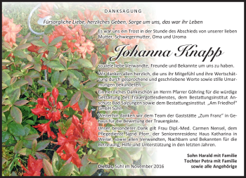 Traueranzeige von Johanna Knapp von Südthüringer Presse