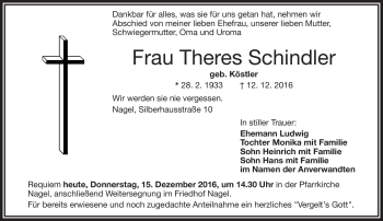 Traueranzeige von Theres Schindler von Frankenpost