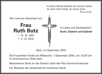 Traueranzeige von Ruth Butz von Frankenpost