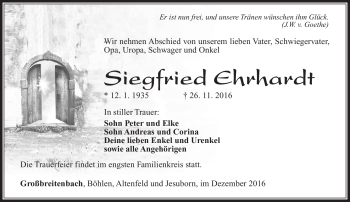 Traueranzeige von Siegfried Ehrhardt von Südthüringer Presse