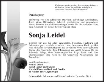 Traueranzeige von Sonja Leidel von Südthüringer Presse