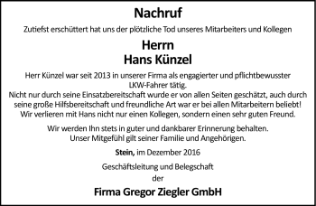 Traueranzeige von Hans Künzel von Frankenpost