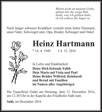 Traueranzeige von Heinz Hartmann von Südthüringer Presse
