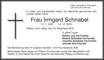 Traueranzeige von Irmgard Schnabel von Frankenpost