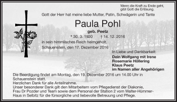 Traueranzeige von Paula Pohl von Frankenpost