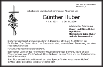 Traueranzeige von Günther Huber von Frankenpost