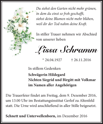 Traueranzeige von Lissa Schramm von Südthüringer Presse