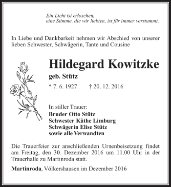 Traueranzeige von Hildegard Kowitzke von Südthüringer Presse