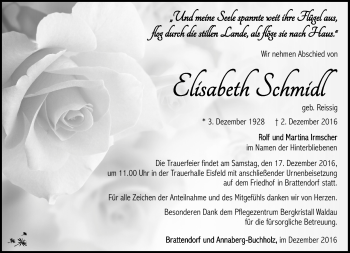 Traueranzeige von Elisabeth Schmidl von Südthüringer Presse