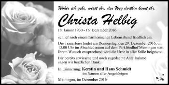Traueranzeige von Christa Helbig von Südthüringer Presse
