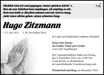 Traueranzeige von Hugo Zitzmann von Südthüringer Presse
