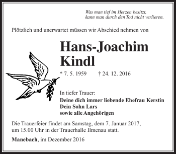 Traueranzeige von Hans-Joachim Kindl von Südthüringer Presse