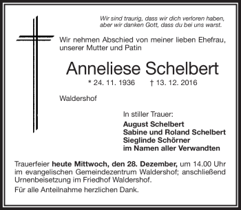 Traueranzeige von Anneliese Schelbert von Frankenpost