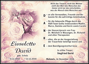Traueranzeige von Lieselotte David von Südthüringer Presse