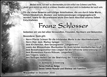 Traueranzeige von Franz Schlosser von Südthüringer Presse