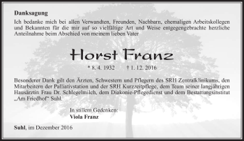 Traueranzeige von Horst Franz von Südthüringer Presse