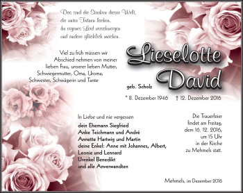 Traueranzeige von Lieselotte David von Südthüringer Presse