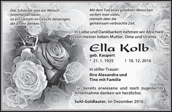 Traueranzeige von Ella Kolb von Südthüringer Presse