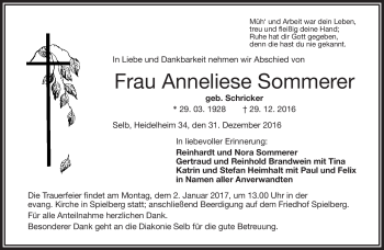 Traueranzeige von Anneliese Sommerer von Frankenpost