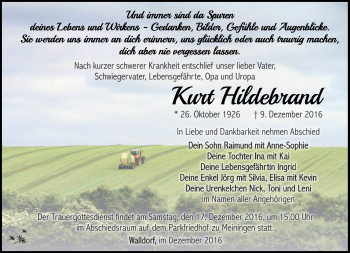 Traueranzeige von Kurt Hildebrand von Südthüringer Presse