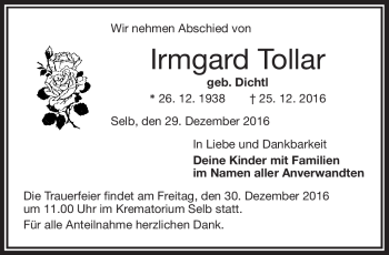 Traueranzeige von Irmgard Tollar von Frankenpost