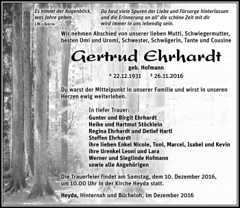 Traueranzeige von Gertrud Ehrhardt von Südthüringer Presse