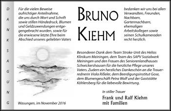 Traueranzeige von Bruno Kiehm von Südthüringer Presse