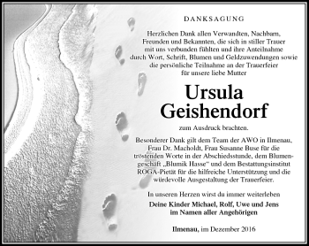 Traueranzeige von Ursula Geishendorf von Südthüringer Presse
