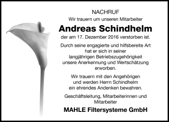 Traueranzeige von Andreas Schindhelm von Südthüringer Presse