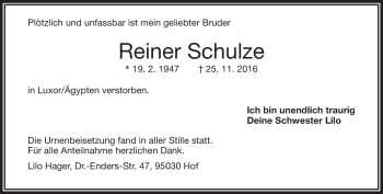 Traueranzeige von Reiner Schulze von Frankenpost