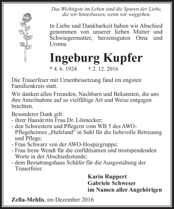 Traueranzeige von Ingeburg Kupfer von Südthüringer Presse