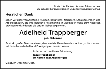 Traueranzeige von Adelheid Trappberger von Südthüringer Presse