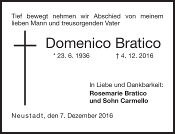 Traueranzeige von Domenico Bratico von Neue Presse Coburg