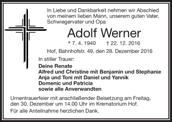 Traueranzeige von Adolf Werner von Frankenpost