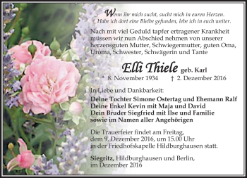 Traueranzeige von Elli Thiele von Südthüringer Presse