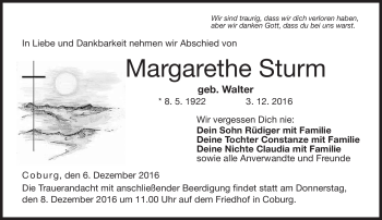 Traueranzeige von Margarethe Sturm von Neue Presse Coburg
