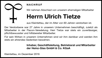 Traueranzeige von Ulrich Tietze von Neue Presse Coburg