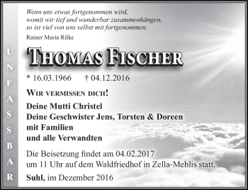 Traueranzeige von Thomas Fischer von Südthüringer Presse