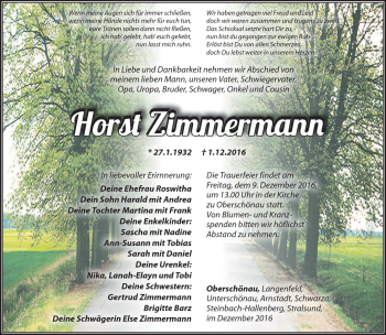 Traueranzeige von Horst Zimmermann von Südthüringer Presse