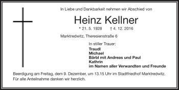 Traueranzeige von Heinz Kellner von Frankenpost